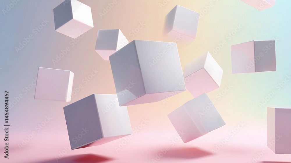 Poster floating white geometric cubes casting soft shadows in gradient background