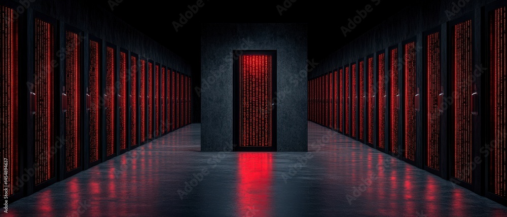 Aufkleber futuristic data center server room corridor with glowing red code