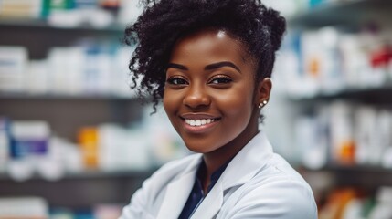 Fototapeta premium Confident Young Black Pharmacist Assisting a Client with a Smile in a Welcoming Apothecary Environment