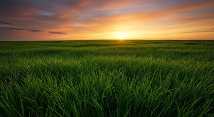 Green Grass Field Under Sunset Sky