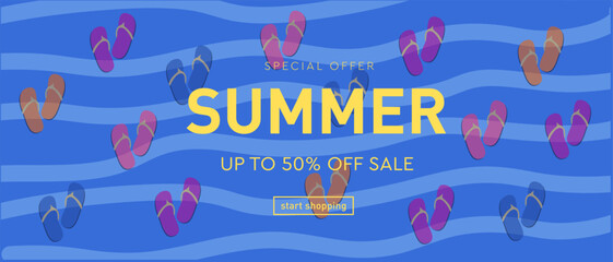 Obraz premium Summer Beach Banner with Flip Flops and Water Waves – Vacation Vector Design