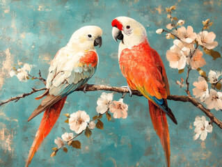 Pair of Vibrant Scarlet Macaw Parrots Perched on Blooming Tree Branch - Tropical Birds Painting