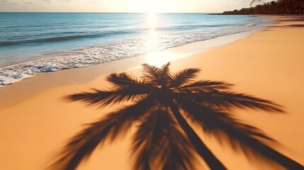 Tranquil Beach Sunset with Palm Shadows on Golden Sands.A serene and picturesque tropical paradise setting.
