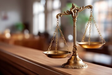 Elegant brass scales of justice positioned on polished wooden surface in a serene legal environment symbolizing fairness and balance in the pursuit of truth and justice