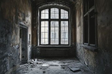 Obraz premium Eerie Ghost Room: Forgotten Space in a Shadows-filled Building with a Sunlit Window