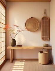Japandi-Flur mit Holzbank und Wandhaken aus Bambus