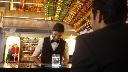 Smart bartender serving drink gin fizz with lemon sliced to VIP guest while waiting friend at luxurious counter bar. Barman providing excellent service at vibrant nightlife party atmosphere. Vinosity.