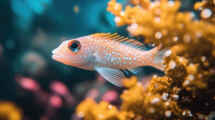 Obraz premium Close-up of a vibrant, small fish amidst coral