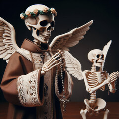 Skeletons in religious attire hold rosaries and display solemn expressions in a dimly lit setting during a festive celebration