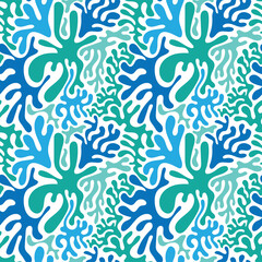 Pattern with unusual abstract blue irregular shapes in hand-drawn doodle style. Vector curvy streamlined decoration figures. Organic collage of simple nature shapes in retro tones.