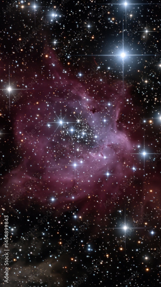 Poster cosmic cluster surrounded by nebula in outer space with shining stars of varied sizes on a dark back