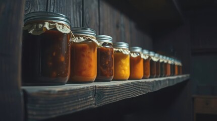 Row of home-canned jars on wooden shelf in dim pantry

