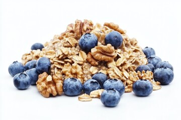 Nutritious Oatmeal Porridge with Walnuts and Blueberries in a White Bowl on a Clean Background