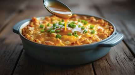 A spoon is drizzling savory gravy over casserole sprinkled with green onion