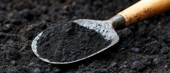 Gardening shovel holds black soil, ready for planting.