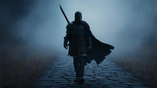 Hooded knight stands fog-covered infinite cobblestone path, dense gray mist. dark cloak billows, wind unseen source. Cinematic fog, fantasy mystery, lonely atmosphere, mysterious endless road