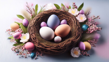 Obraz premium easter nest with eggs and floral wreath