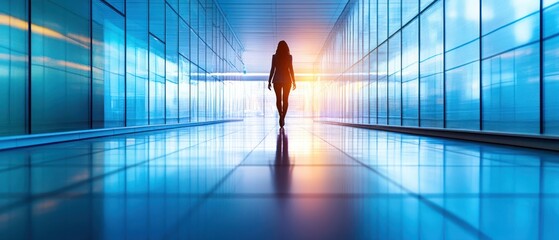 Businesswoman strides through modern glass hallway, symbolizing ambition within corporate infrastructure.