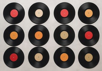 Grid of vinyl records with colorful labels on neutral background

