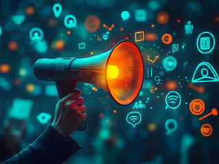 A hand holding a megaphone with glowing social media icons and people symbols on a dark green background, concept of marketing or advertising a social network service.