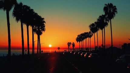 Silhouette of Long Beach: California Sunset with Palm Trees and Highway in the Background