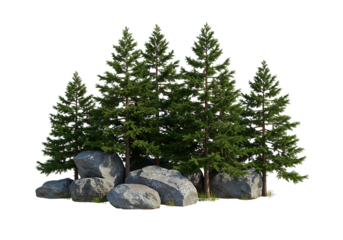 Group of pine trees and rocks isolated on black background