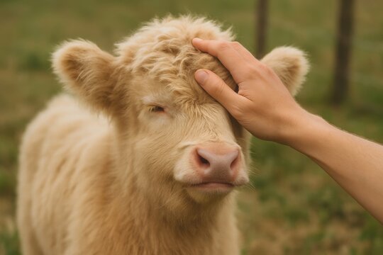 Person petting flufy baby cow