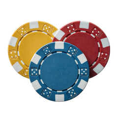 Three colorful poker chips are stacked together, featuring yellow, red, and blue colors with white accents. These chips are commonly used in casino games and gambling activities