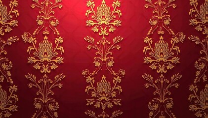 Elegant floral damask pattern in rich burgundy and gold , leaves, brocade, detail