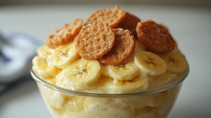 Creamy banana dessert topped with crispy biscuits