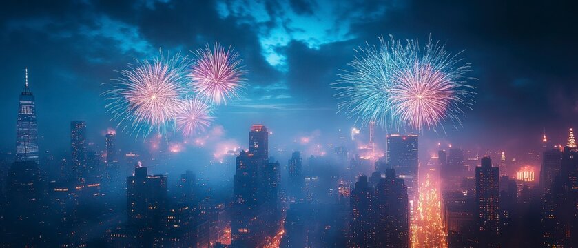 City skyline celebrates with dazzling fireworks lighting up night sky above dense urban environment.