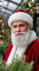 A Festive Portrait of a Man with a White Beard in a Red Hat and Coat in a Christmas Setting
