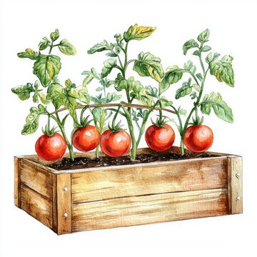 watercolor tomatoes growing in wooden box clip art preview