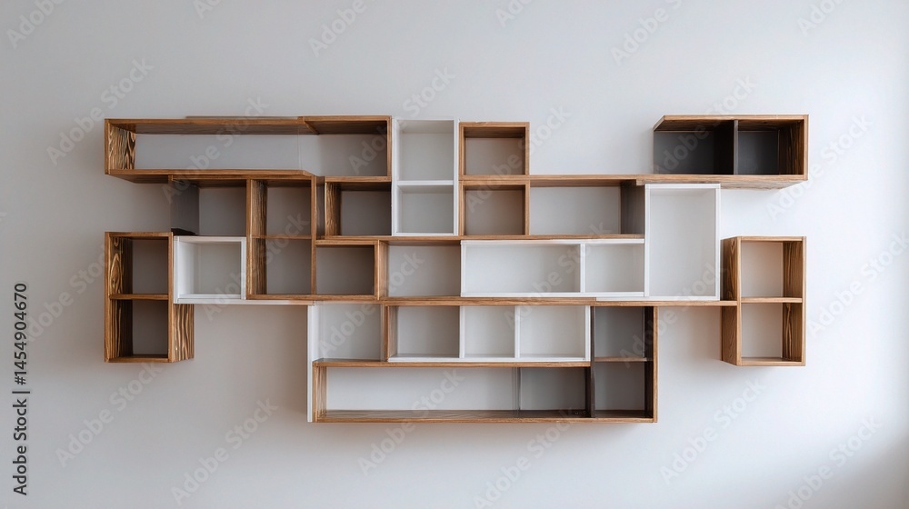 Poster modern bookshelf with staggered compartments and clean design