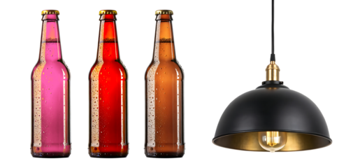 Modern black and gold pendant light fixture and three Chilled brown bottle on transparent background