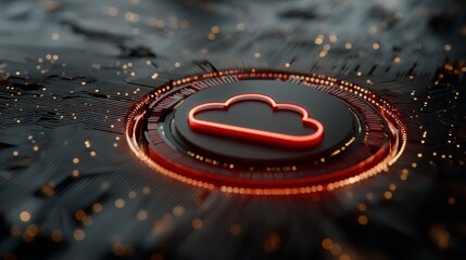 Glowing red cloud icon on futuristic digital circuit board background interface.