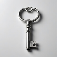 single silver key on an isolated white background, studio lighting, minimal shadows.