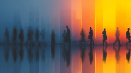 Silhouettes of people walking across abstract cityscape with blue and orange light.