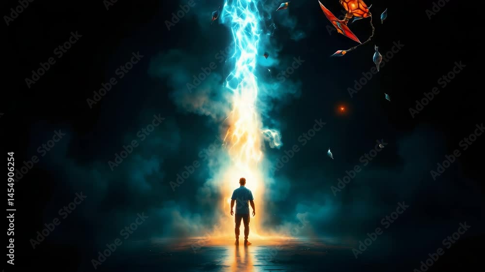 Poster man standing in dark room with fire emanating from his head creating a surreal atmosphere