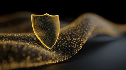 Fototapeta premium Golden shield made of dots on abstract digital wave background symbolizing cyber security.