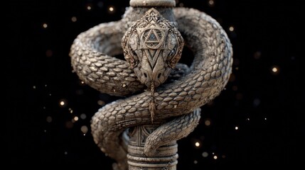 Ancient serpent coiled around a mystical staff, detailed scales and intricate symbol