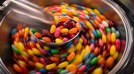 An overhead view of colorful jelly beans being mixed in a rotating vat.