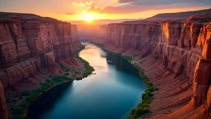 Aerial View of a Winding Canyon River Reflecting the Sunset Sky