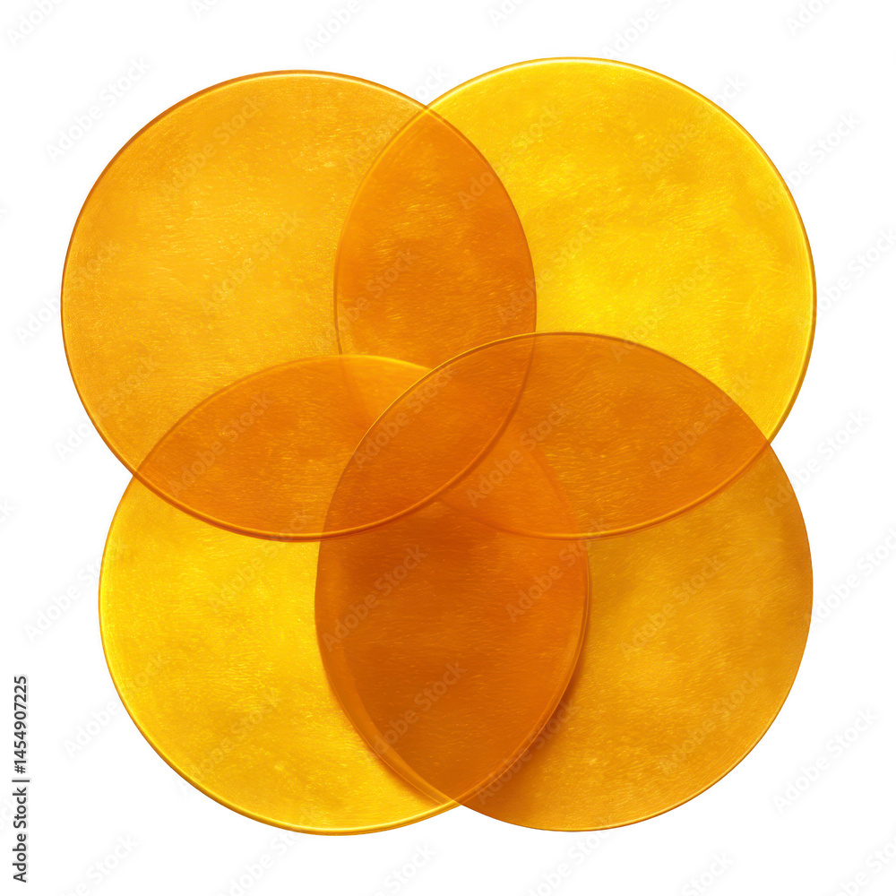 Poster four overlapping golden circles create symmetrical pattern, forming venn diagram like design. circle