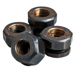 Industrial nuts for machinery workshop product photography close-up. Isolated on transparent background, png.