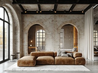 Fototapeta premium Rustic industrial loft interior design with a comfortable sectional sofa.