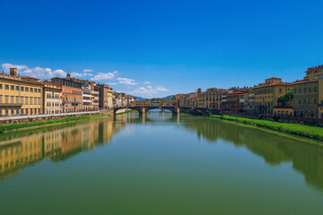 Panoramic river view to Ponte Santa Trinita and Ponte Vecchio, FLorence, Italy