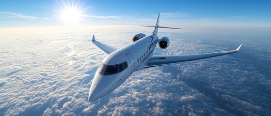 Fototapeta premium Private jet soars above dense clouds, bathed in bright sunlight, conveying feelings of luxury and freedom.