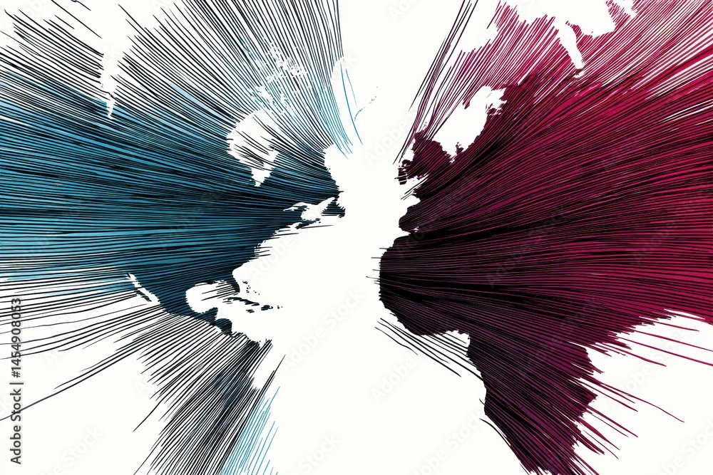 Aufkleber Abstract Motion Lines Create a Dynamic Separation of the World Map Into Vibrant Blue and Red Halves, Representing Energy and Contrast Generative AI