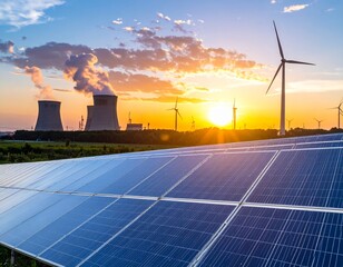 Solar panels, wind turbines and nuclear power plant at sunset, generating electricity with renewable and non renewable energy sources